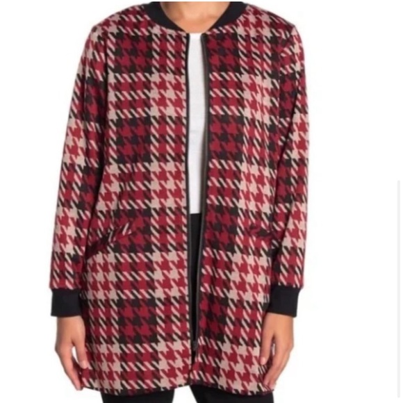 Sanctuary Jackets & Blazers - Sanctuary City Topper Houndstooth Pattern Full Zip Coat Red, Tan & Black, XL